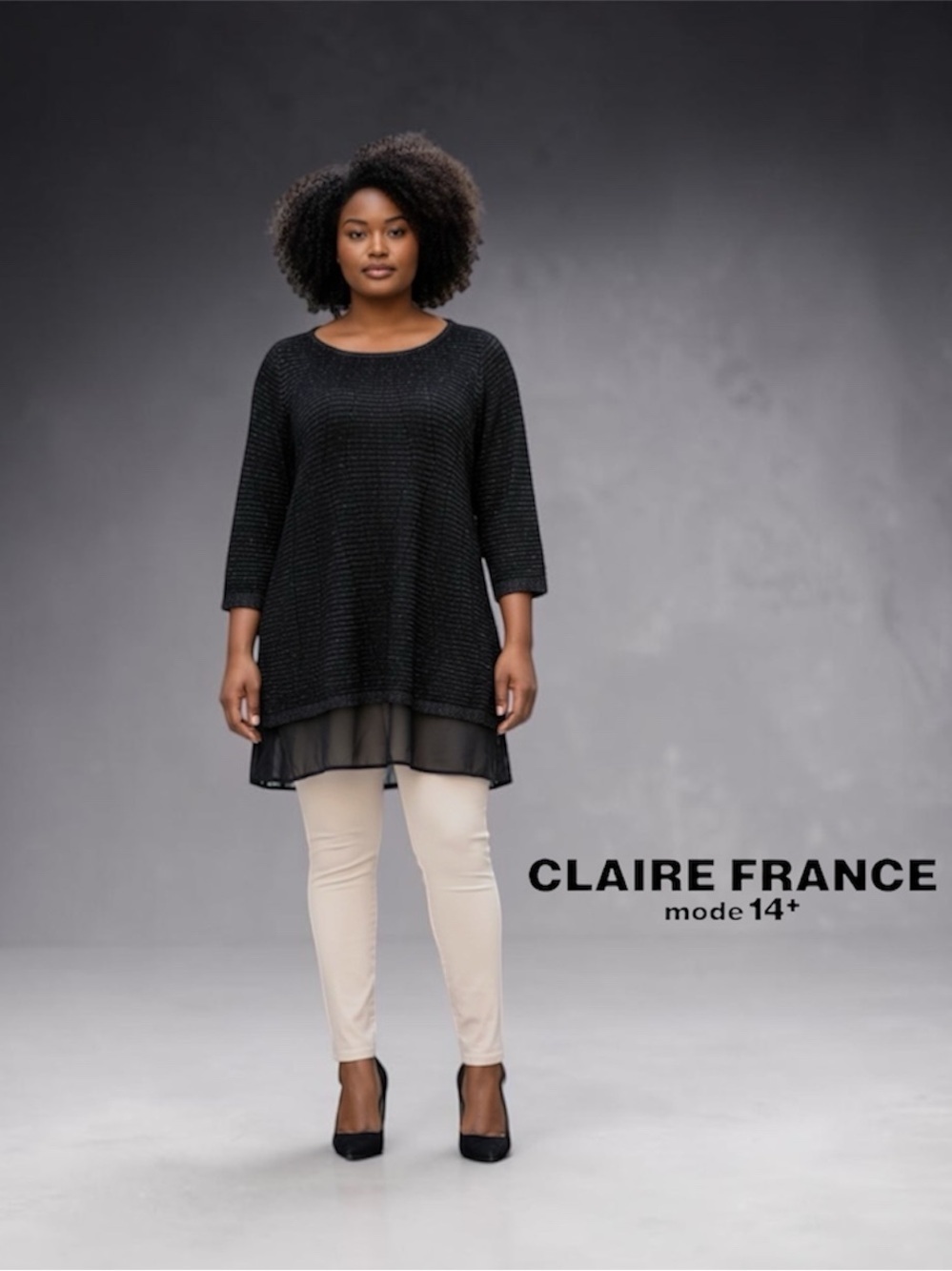 Claire France, 1X Plus Size, Black Sparkle Tunic Chiffon Hem, Elegant Top